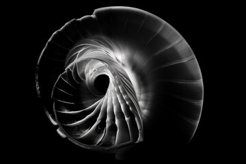 Black and white artistic conceptual illustration of a beautiful snail shell closeup. Generative AI