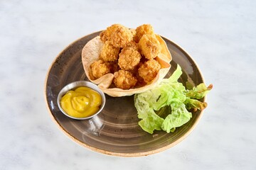 Top view of crispy popcorn chicken served with a sauce and lettuce