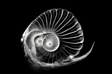 Black and white artistic conceptual illustration of a beautiful seashell closeup. Generative AI