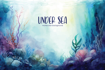 Watercolor under sea world with algae and plants