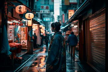 Fototapeta na wymiar Street of Tokyo city on a rainy night, with neon lights and wet asphalt ground. Rear view of woman with kimono, traditional environment. Generative ai.