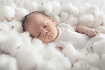 Little baby sleeping on a pile of organic cotton, Generative AI