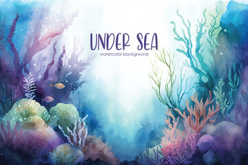 Watercolor under sea world with algae and plants