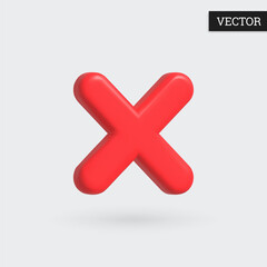 Red cross mark icon 3d. Decline sign. Simbol cancel or exit in plastic style. Design element. Vector illustration.