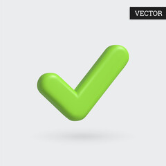 Green check mark icon 3d. Sign positive in plastic cartoon style. Design element. Vector illustration.