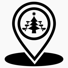 Christmas tree location icon. Place of Christmas market. Place on the map of Christmas trees. Vector icon.