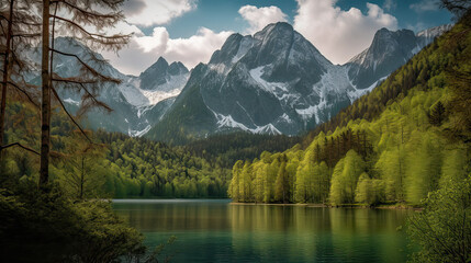 Fototapeta na wymiar Beautiful green forest with a lake and snow capped mountains in the background. Generative AI.