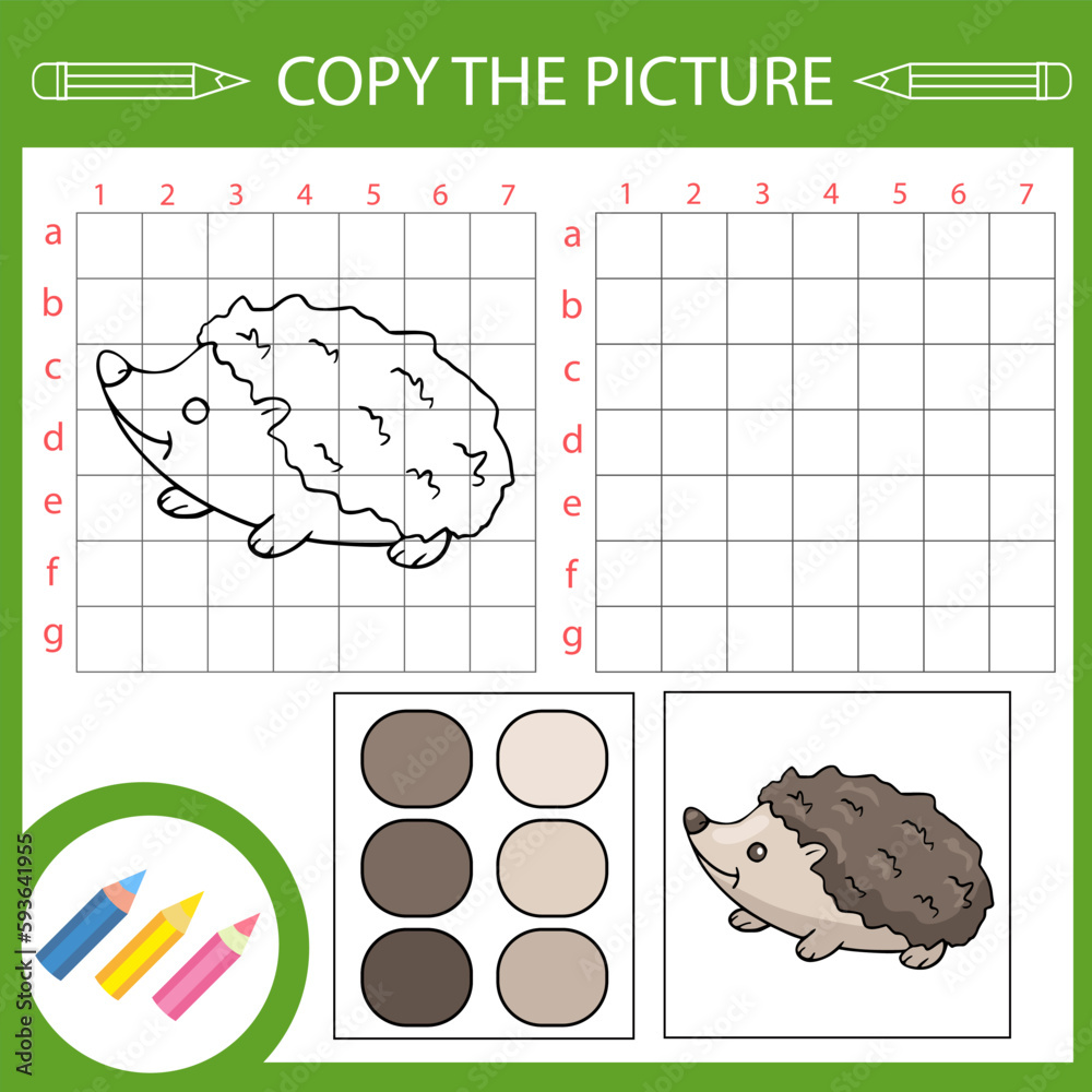 Wall mural kids education activity art game. copy the picture of hedgehog. kids worksheet. children drawing les