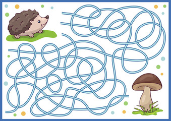 Maze and labyrinth game. Kids activity page with forest animal. Colorful children education worksheet with cute hedgehog. 