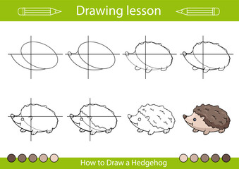 Drawing tutorial and kids art lesson. How to draw animals. Kids activity page. Children education step by step worksheet. Vector illustration of hedgehog.