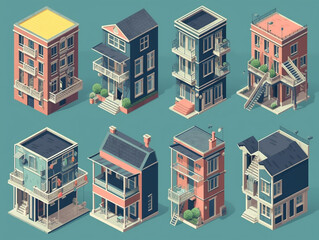 Set of isometric facades of multi-story houses. The design of an old-style house with a balcony that maintains a retro style. Cartoon style with pastel color background.