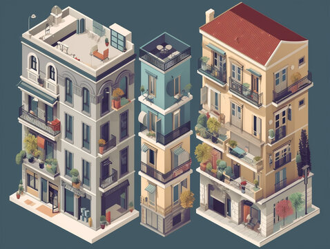 Set of isometric facades of multi-story houses. The design of an old-style house with a balcony that maintains a retro style. Cartoon style with pastel color background.