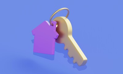 Key with a lilac keychain house on a blue background. 3d rendering