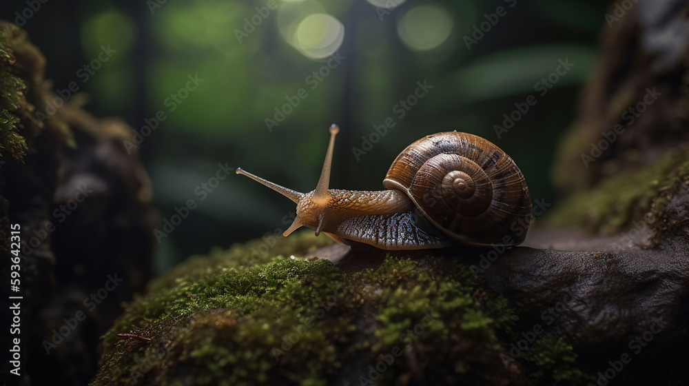 Wall mural snail on a wet rock. helix pomatia also roman snail, burgundy snail, edible snail or escargot, gener