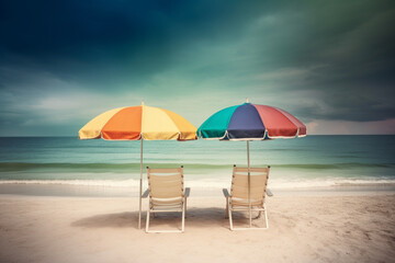 Beautiful exotic tropical beach with beach chairs and umbrellas. Conceptual summer illustration. Generative AI