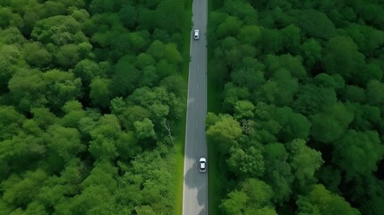 Aerial view green forest with car on the asphalt road, car drive on the road in the middle of forest trees, Forest road going through forest with car. Created using generative AI.