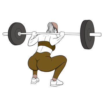 Line art Sporty woman squatting with barbell Fitness