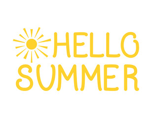 Vector illustration. Hello summer - hand lettering design. The inscription on a white background with the sun.