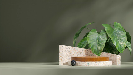 empty scene wood and terrazzo podium in landscape green wall and alocasia plant, 3d image render