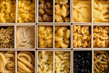 Different types of uncooked pasta arranged in boxes. Conceptual illustration. Generative AI