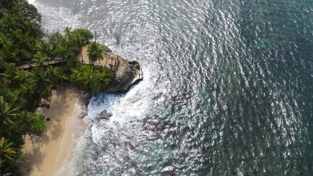 Aerial dron View from the Jungle and the sea Costa Rica, beautiful sea and mountains, perfect nature, Green World, abandoned ship boat in beach costa rica 