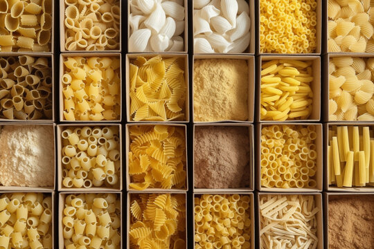 Different types of uncooked pasta arranged in boxes. Conceptual illustration. Generative AI