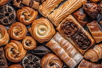 Different types of freshly baked pastries. Conceptual illustration. Generative AI