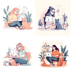 illustration of a focused woman developer working on a laptop with a cat