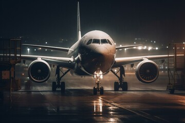 Fototapeta na wymiar Nighttime Departure: Front View of Plane Taking Off, generative AI