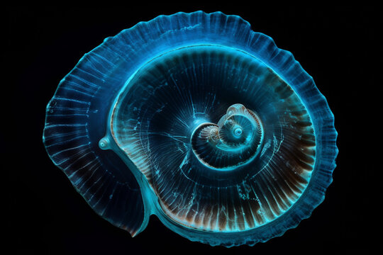 Abstract illustration of a beautiful seashell isolated on a black background. Generative AI
