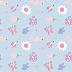 Kids Seamless pattern with cute butterflies, worms and flowers. Vector illustration in simple childish style