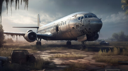 Obraz premium Abandoned aircraft after post-apocalyptic. Generative ai