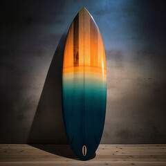 colorful wooden surfboard leaning against a wall