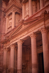 View of the Al-Khazneh Palace or Treasury in Petra, Jordan.