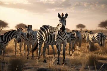 A detailed illustration of a group of animals, such as zebras or gazelles, in their natural habitat, Generative AI