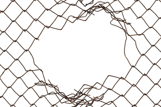 The texture of the metal mesh. Torn, destroyed, broken metal mesh on a white background