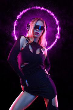 Music album cover design idea. Hot DJ in neon lights. Poster of sexy TDJ at the night club party. Mixtape or book covers - download high resolution picture for your song or music clip.