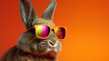 Plakat Easter cool bunny with sunglasses on colorful background. Generative AI