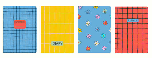 Set of cover page templates based on grid seamless patterns, spiral lines, flower pattern. Plaid backgrounds for school notebooks, diaries. Headers isolated and replaceable
