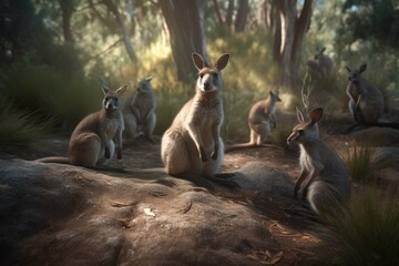 A detailed illustration of a group of marsupials, such as kangaroos or wallabies, in their natural environment, Generative AI