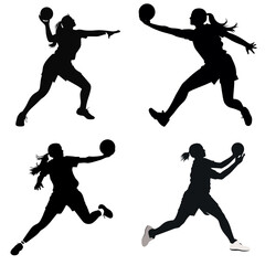 Set of silhouette of women handball player. Side profile. Vector illustration, white background