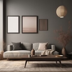 Interior of modern living room with gray walls, wooden floor, comfortable gray sofa and two mock up posters