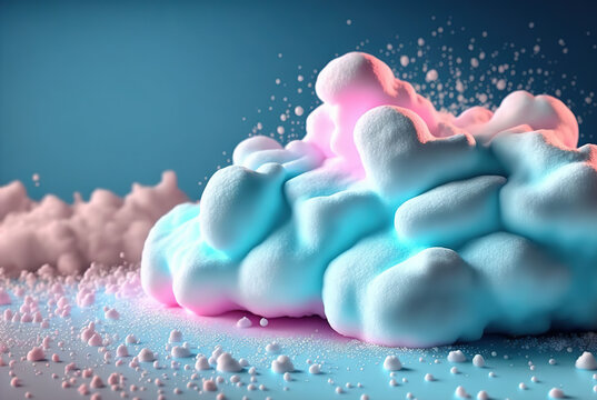 Abstract foam clouds with splashing forms and drops. Colorful foam cloud background. Generated AI.