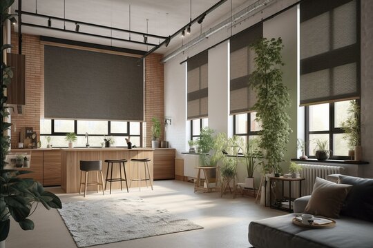 Roller blinds in the interior. Automatic solar shades large size on the window. Modern interior with wood decor panels on the wall. Green plants in hi-tech flower pots. Electric. Generative AI