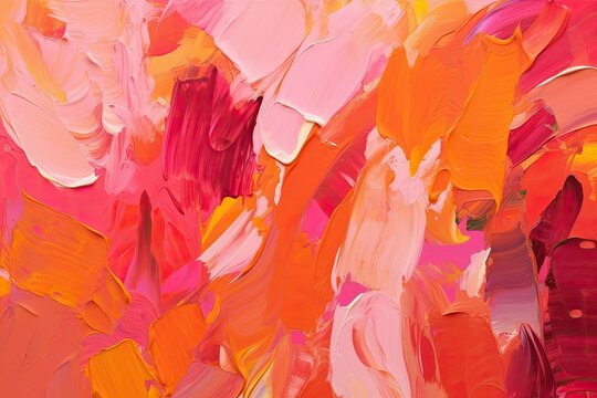 Painting with a thick layer of paint with a brush stroke. Pink, modern magenta and red tones in abstraction. Beautiful gallery art. Generative AI. 