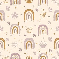 Unusual boho rainbow seamless pattern with cute abstract elements