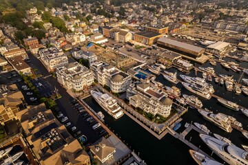 Drone view of Newport Harbor in Rhode Island in sunlight