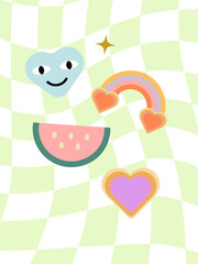 Retro stickers on vector background. Melon, heart, rainbow