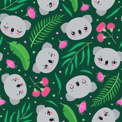 Cute koala seamless pattern. Kawaii koala cartoon head seamless pattern. Summer repeat design. Cartoon australian safari animal faces. Eucalyptus leaves and flowers. Children fashion print fabric. © Cute Design