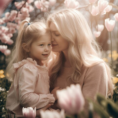 Photorealistic portrait of a young blonde mother and her daughter, heartwarming scene in the spring garden. Created with Generative AI technology